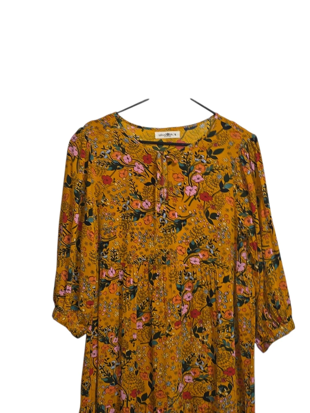 Natural Life Nova Maxi Dress Mustard Pink Poppy Floral Boho Tiered Rayon Size M - Picture 2 of 9